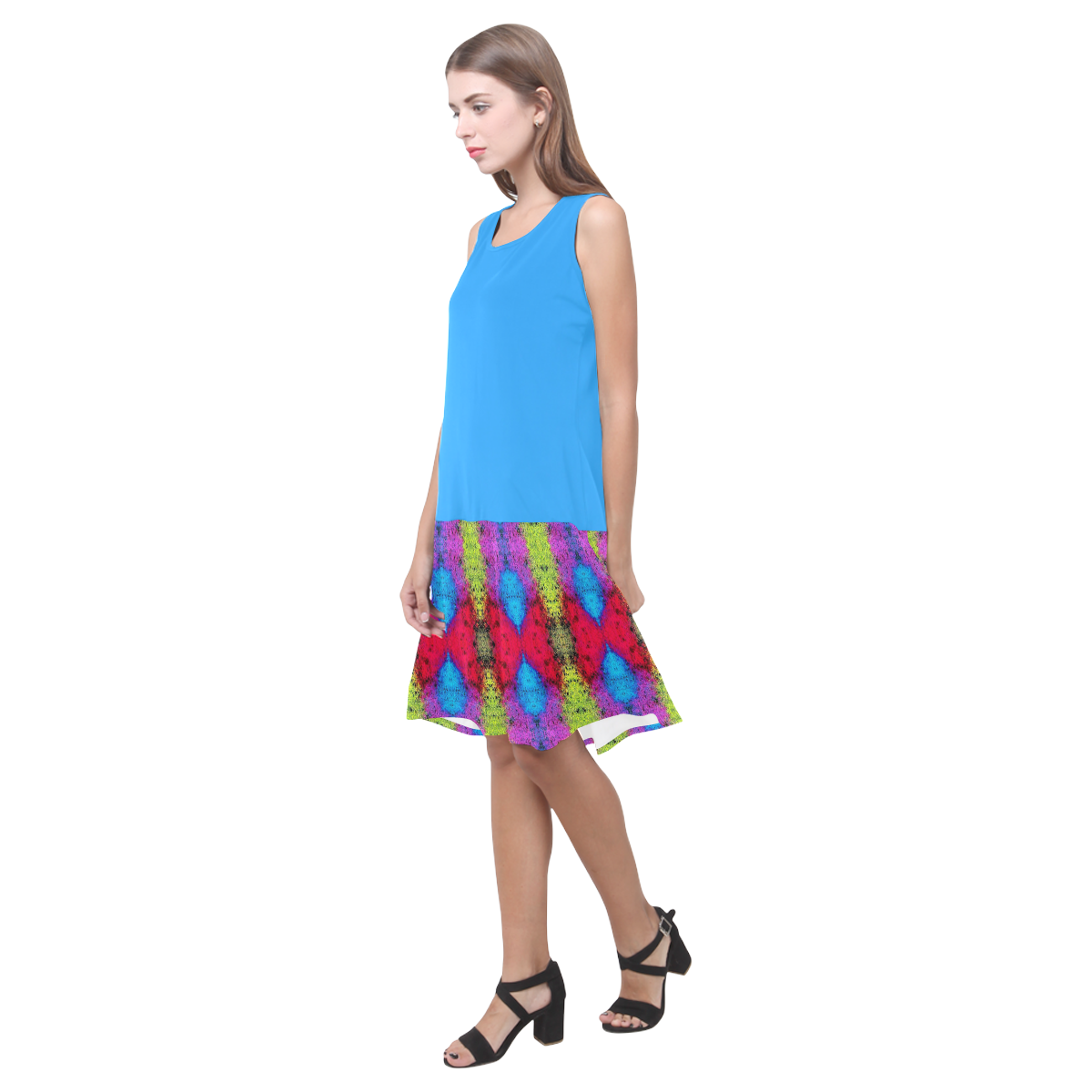 Colorful Painting Goa Pattern Sleeveless Splicing Shift Dress(Model D17)
