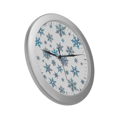 Snowflakes, Blue snow, stitched design Silver Color Wall Clock
