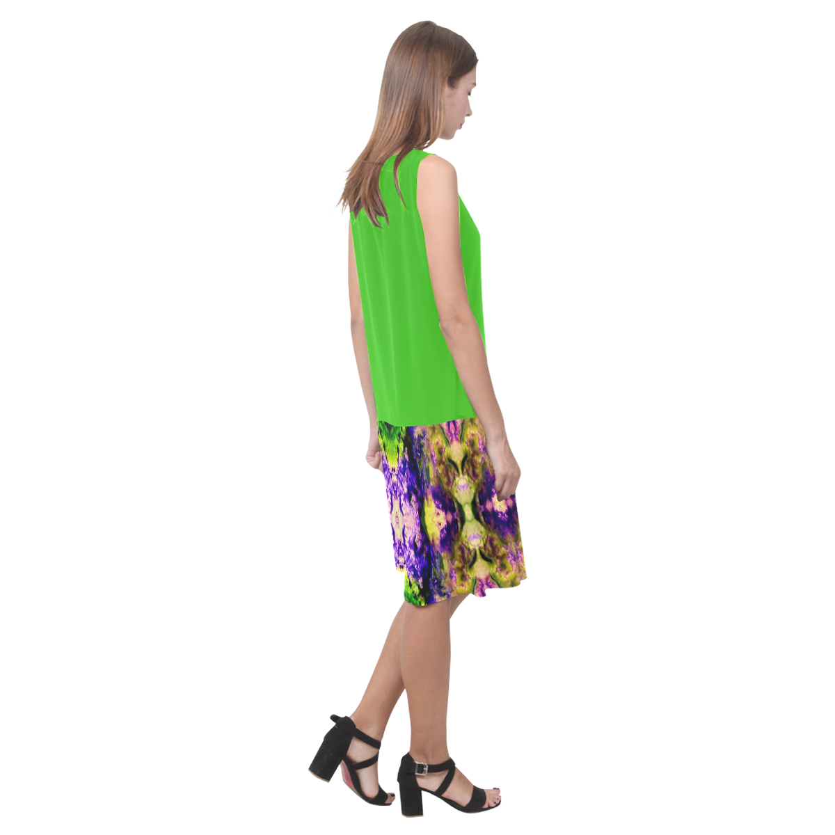 Green,Purple Yellow ,Goa Pattern Sleeveless Splicing Shift Dress(Model D17)