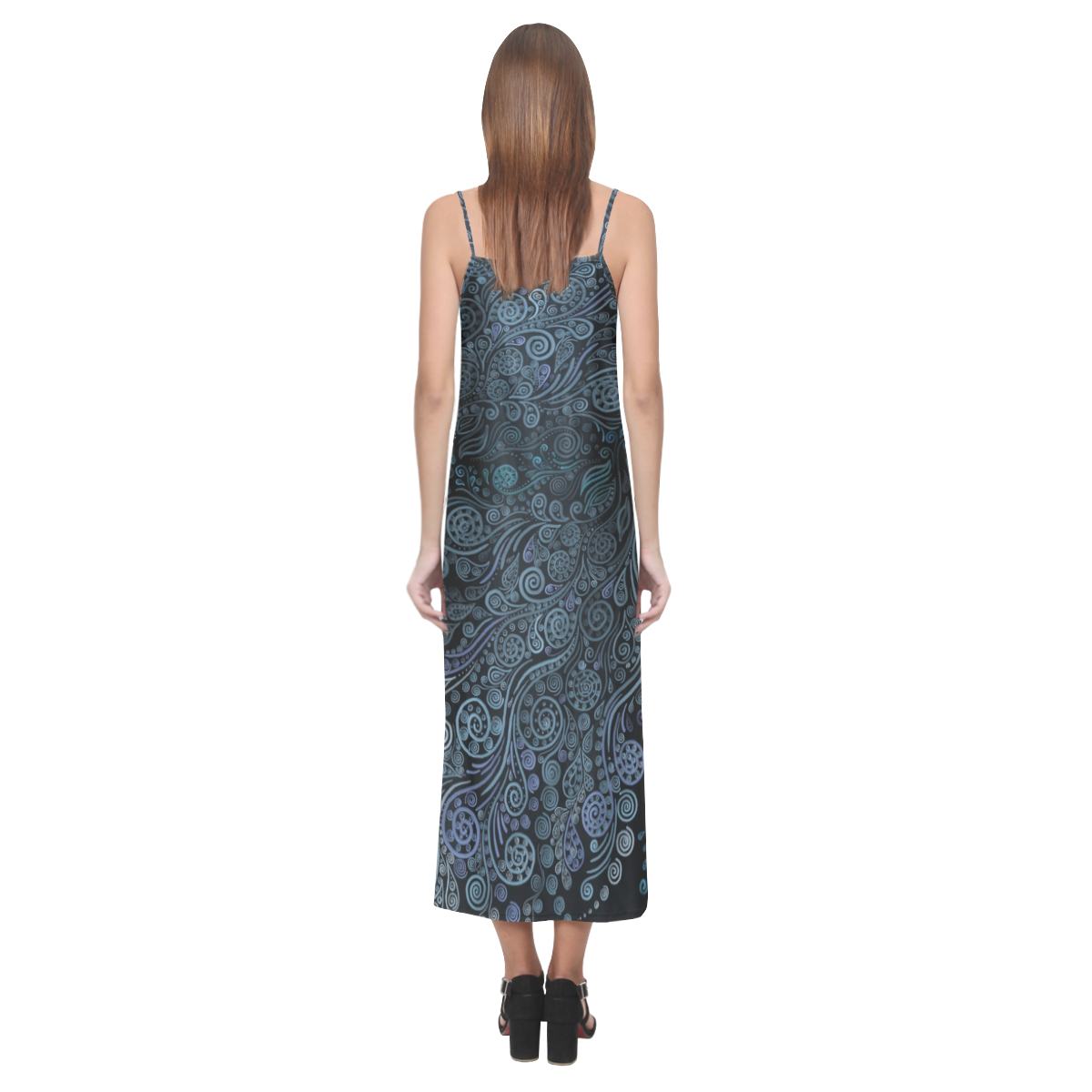 3D ornaments, psychedelic blue V-Neck Open Fork Long Dress(Model D18)
