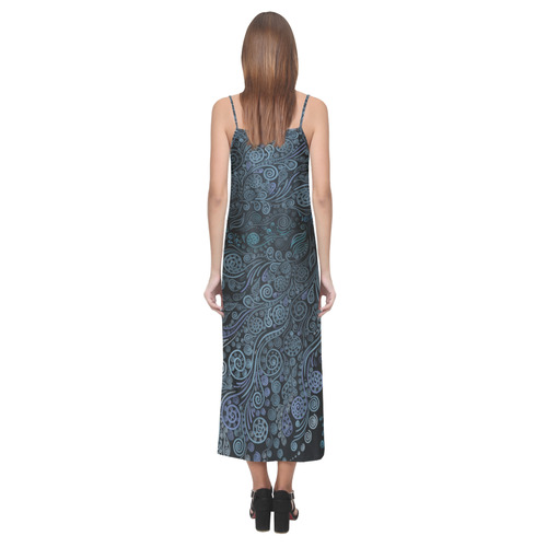 3D ornaments, psychedelic blue V-Neck Open Fork Long Dress(Model D18)