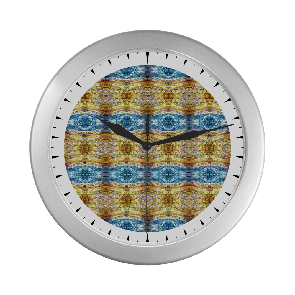 Gold and Blue Elegant Pattern Silver Color Wall Clock