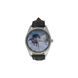 Two horses galloping through a winter landscape Men's Casual Leather Strap Watch(Model 211)