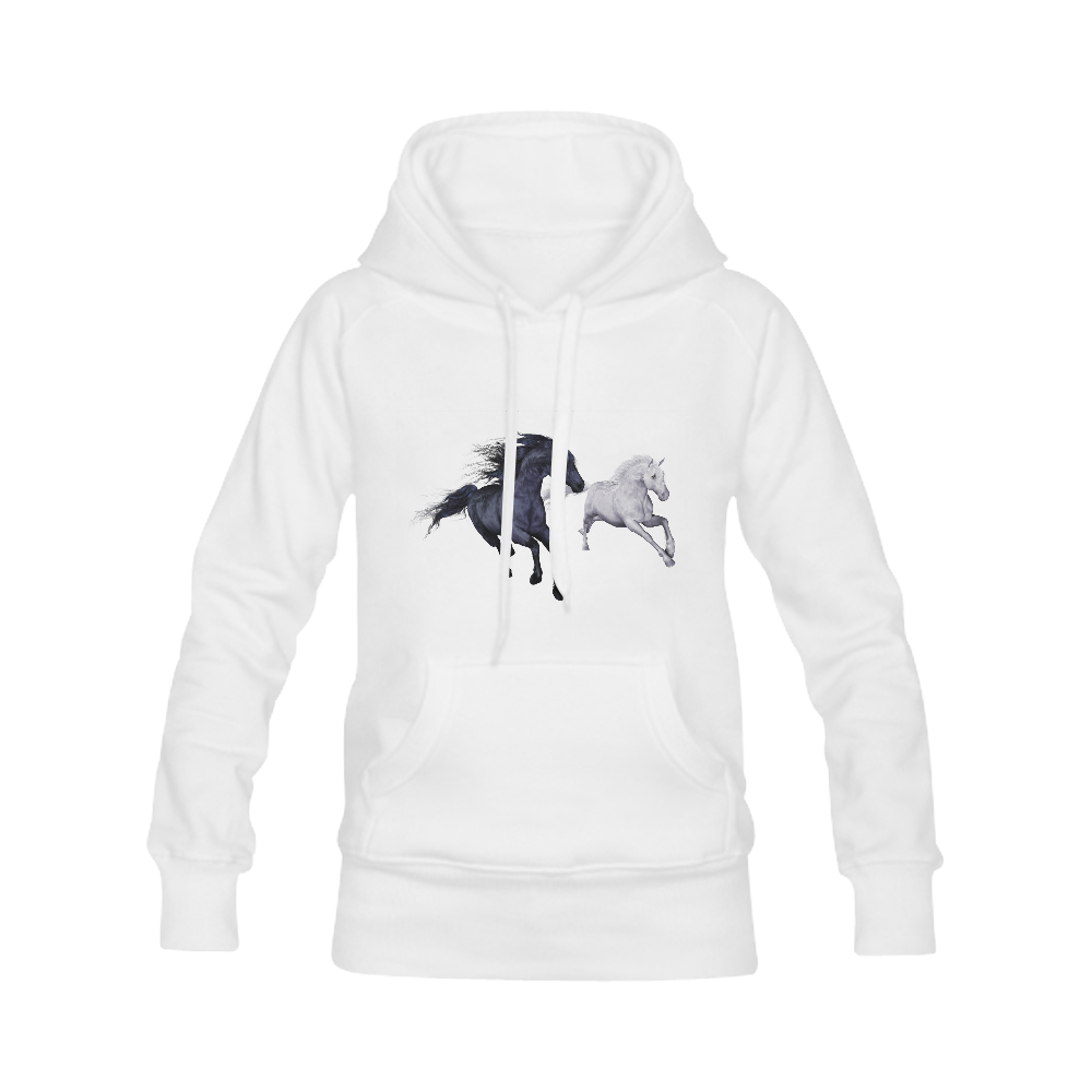 Two horses galloping through a winter landscape Women's Classic Hoodies (Model H07)