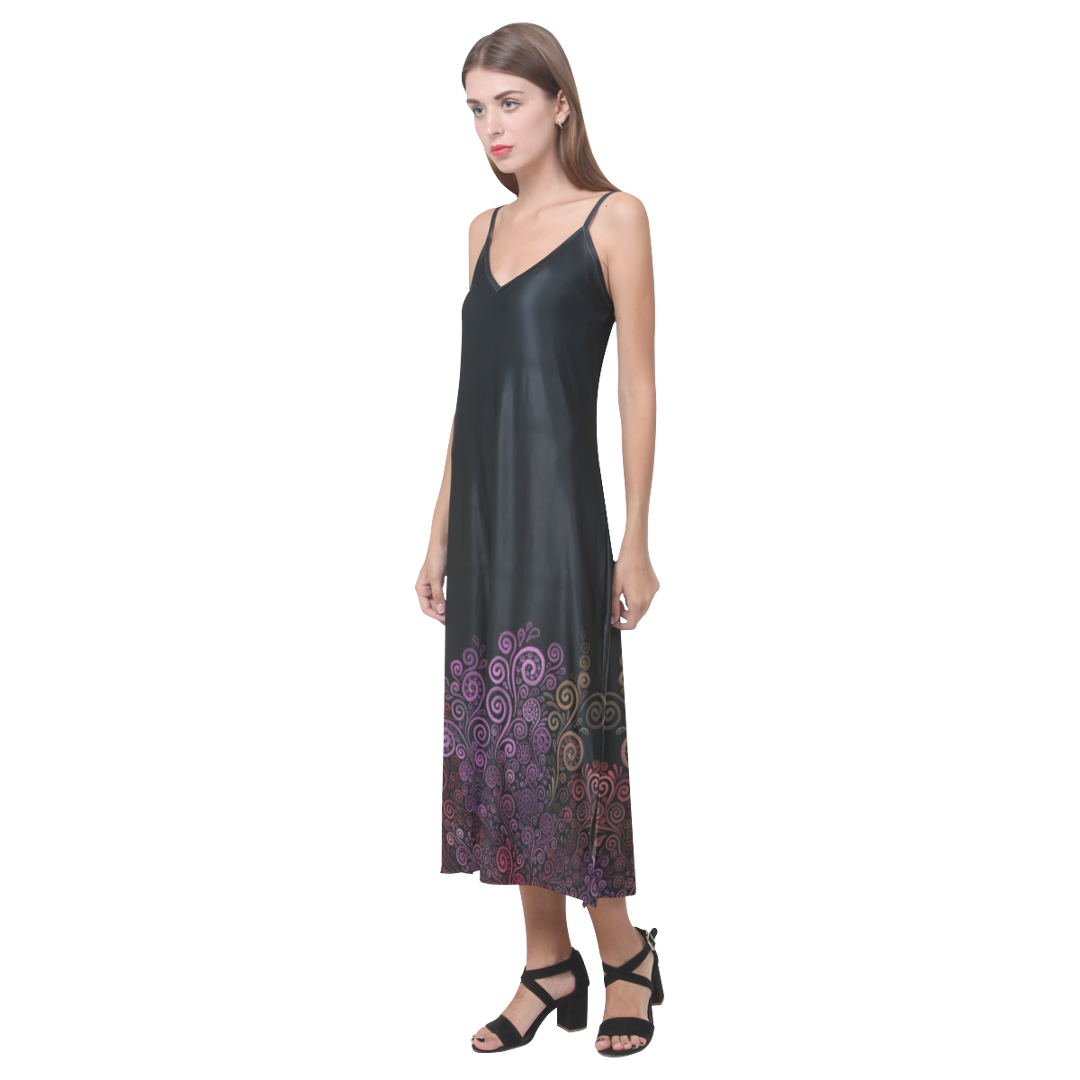 Psychedelic 3D Rose Abstract V-Neck Open Fork Long Dress(Model D18)