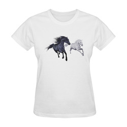 Two horses galloping through a winter landscape Sunny Women's T-shirt (Model T05)