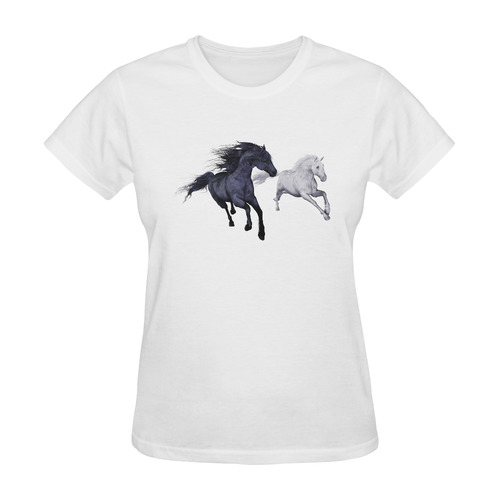 Two horses galloping through a winter landscape Sunny Women's T-shirt (Model T05)