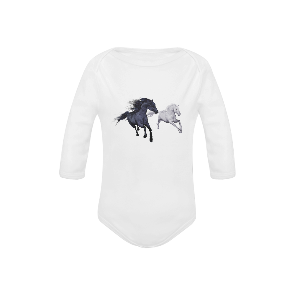 Two horses galloping through a winter landscape Baby Powder Organic Long Sleeve One Piece (Model T27)
