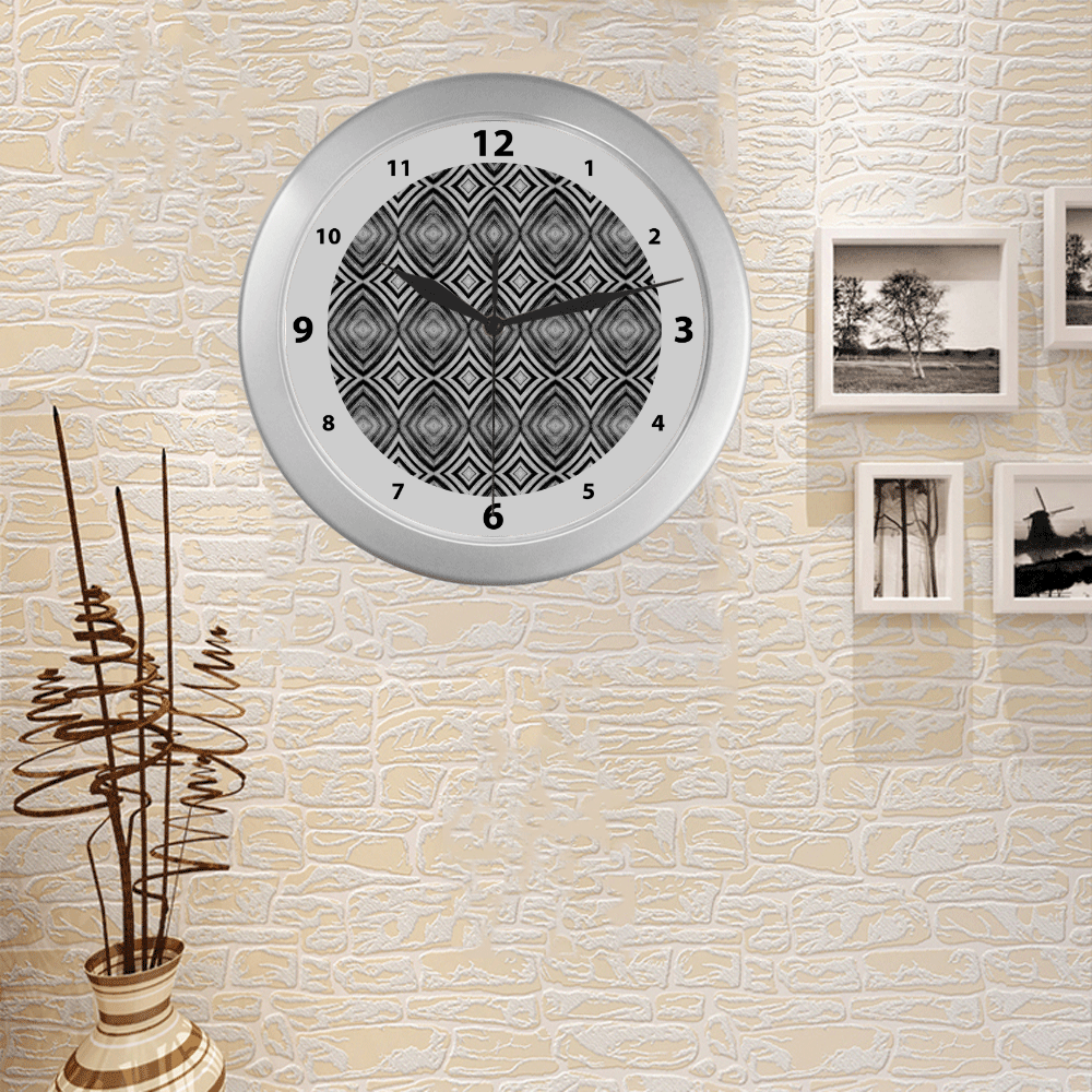 black and white diamond pattern watch circular number hand 9 Silver Color Wall Clock