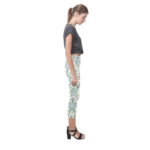 Blue Teal Sakura Fine Vintage Japanese Floral Capri Legging (Model L02)