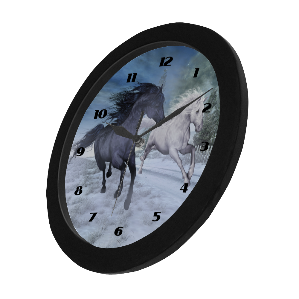 Two horses galloping through a winter landscape Circular Plastic Wall clock