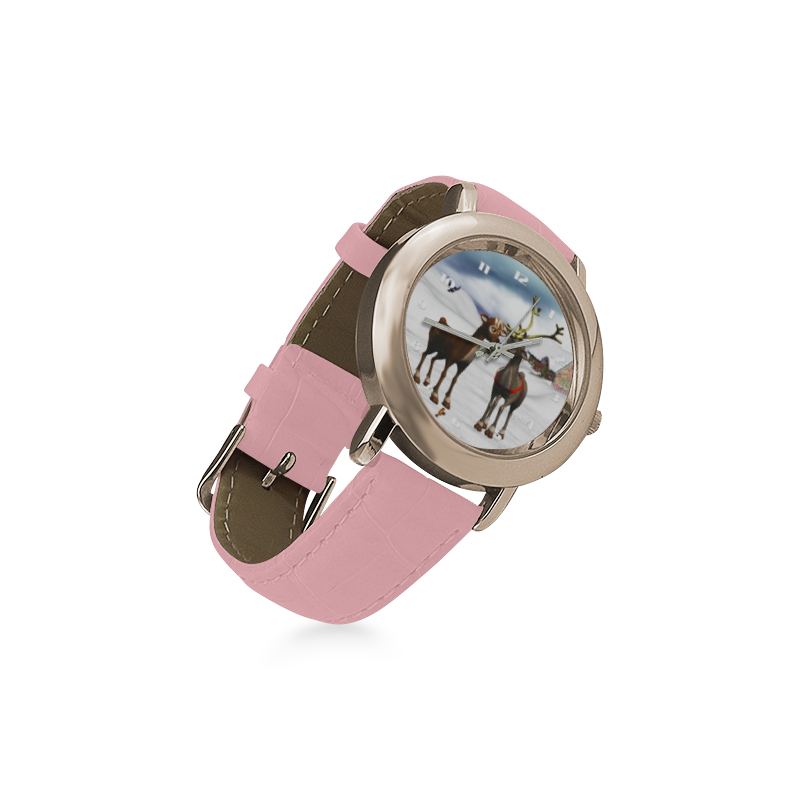 The reindeer love in a winter landscape Christmas Women's Rose Gold Leather Strap Watch(Model 201)