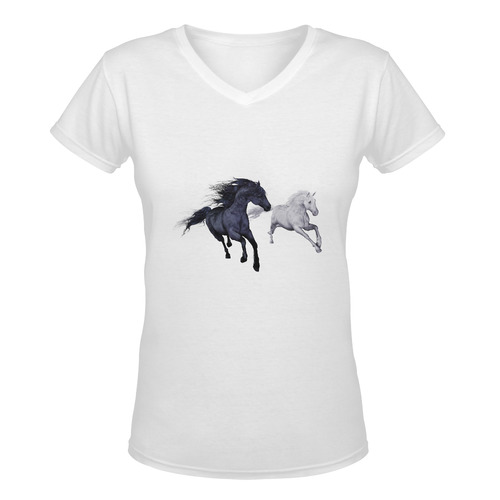 Two horses galloping through a winter landscape Women's Deep V-neck T-shirt (Model T19)