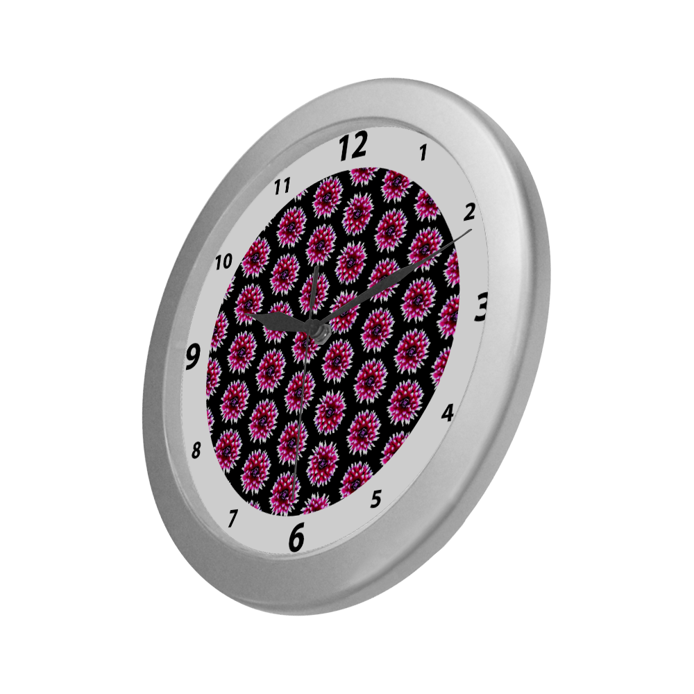 Dahlias Pattern in Pink, Red watch circular number hand 9 Silver Color Wall Clock