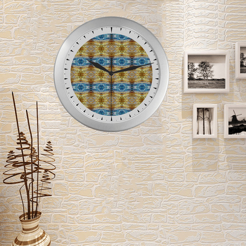 Gold and Blue Elegant Pattern Silver Color Wall Clock