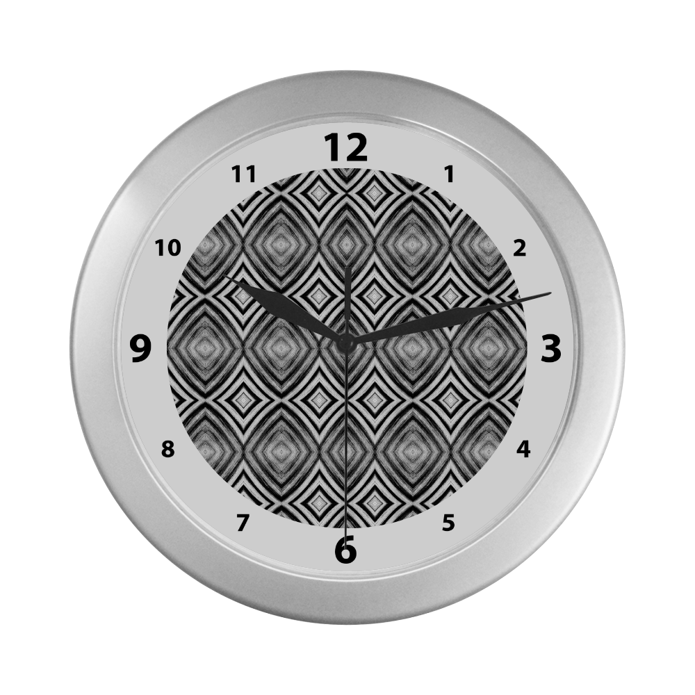 black and white diamond pattern watch circular number hand 9 Silver Color Wall Clock