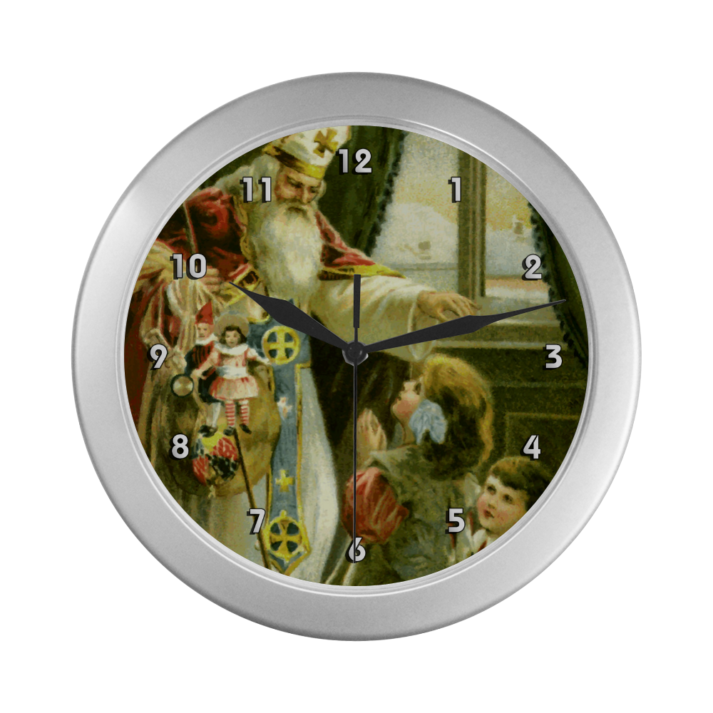 Saint Nicholas Gifts Children Vintage Christmas Silver Color Wall Clock