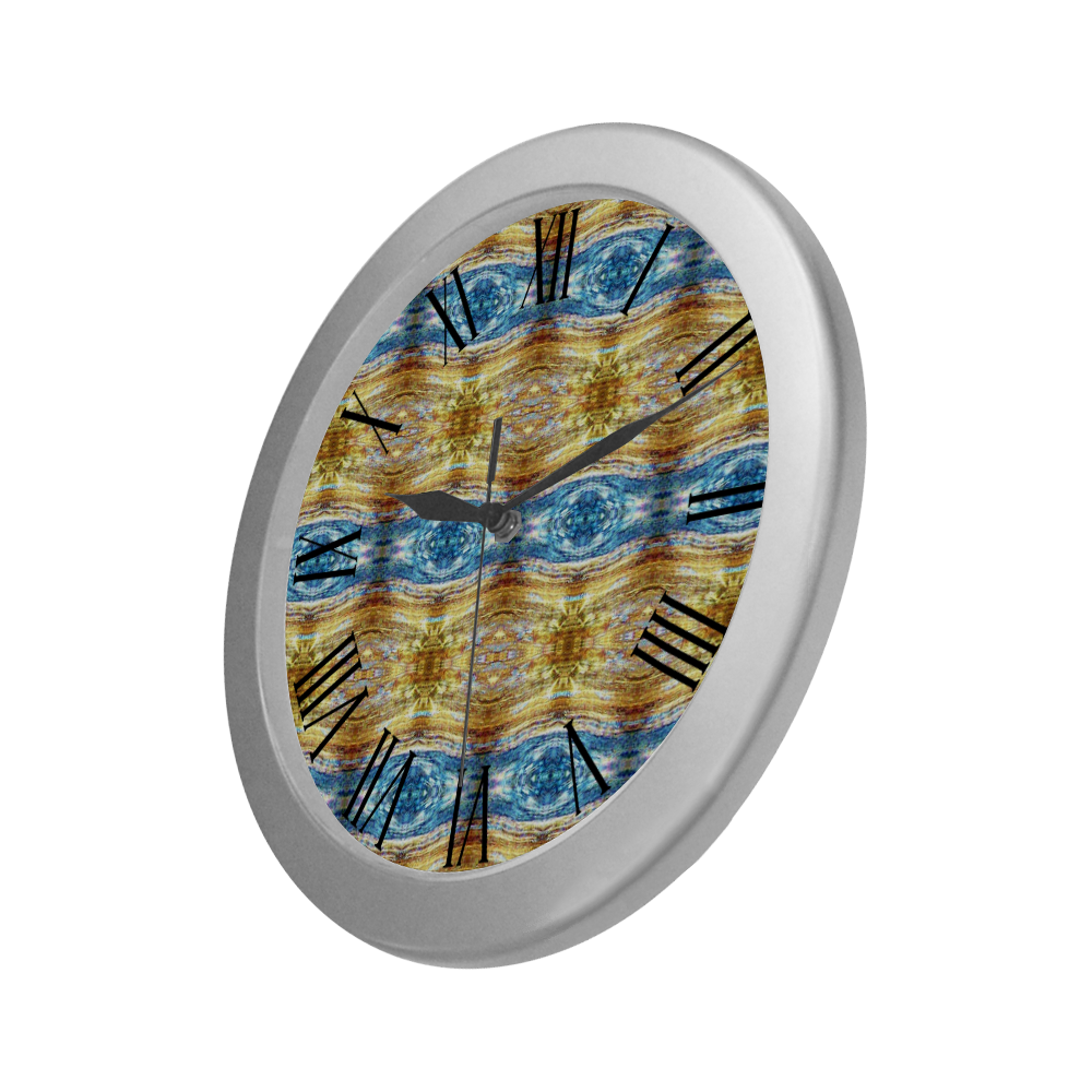 Gold and Blue Elegant Pattern  watch circular roman numerals hand 3 Silver Color Wall Clock