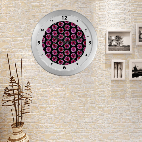 Dahlias Pattern in Pink, Red watch circular number hand 9 Silver Color Wall Clock