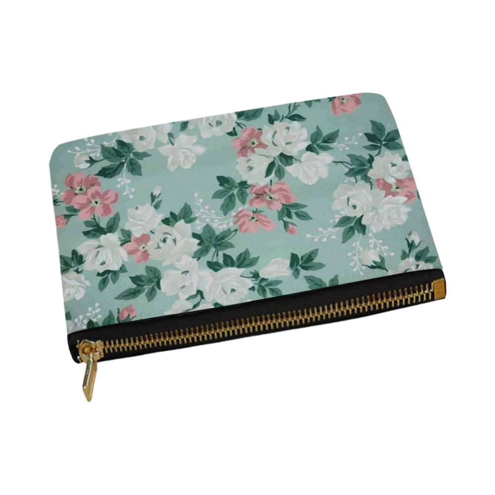 Vintage Pink Teal Floral Wallpaper Pattern Carry-All Pouch 12.5''x8.5''