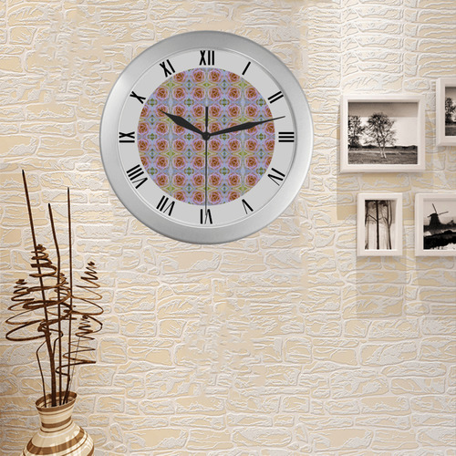 Pink Light Blue Pastel Flowers watch circular roman numerals hand 6 Silver Color Wall Clock