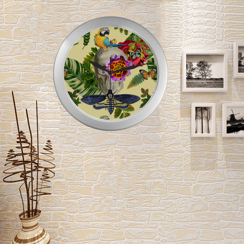 collage_tropical skull_gloria sanchez1 Silver Color Wall Clock