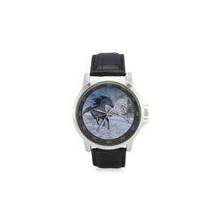 Two horses galloping through a winter landscape Unisex Stainless Steel Leather Strap Watch(Model 202)