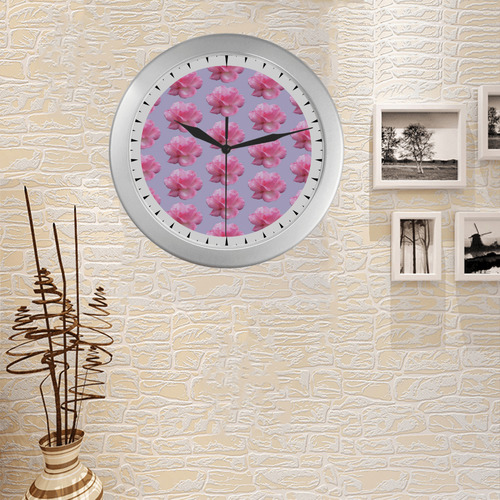 Pink Roses Pattern on Blue watch circular triangle point hand Silver Color Wall Clock
