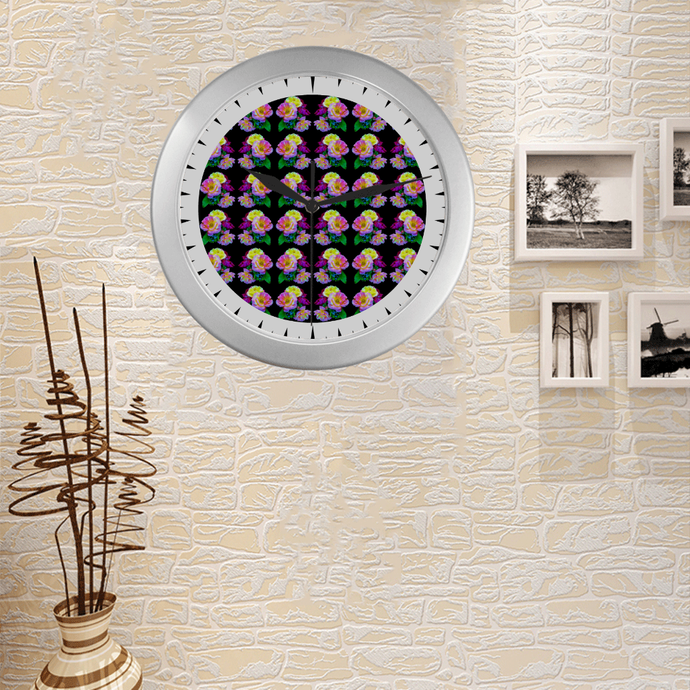 Rosa Yellow Roses on Black Pattern Silver Color Wall Clock