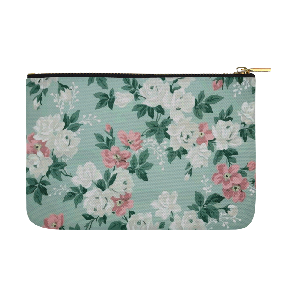 Vintage Pink Teal Floral Wallpaper Pattern Carry-All Pouch 12.5''x8.5''