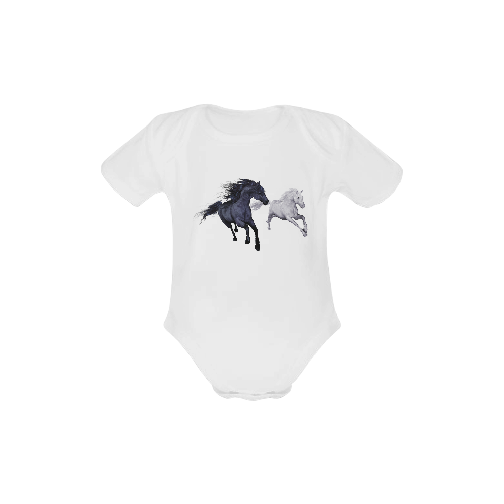 Two horses galloping through a winter landscape Baby Powder Organic Short Sleeve One Piece (Model T28)