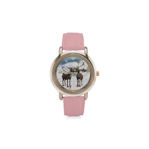 The reindeer love in a winter landscape Christmas Women's Rose Gold Leather Strap Watch(Model 201)