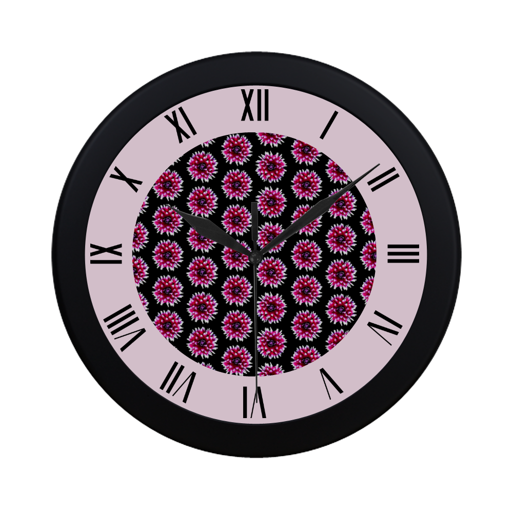 Dahlias Pattern in Pink, Red watch circular roman numerals hand 6 Circular Plastic Wall clock