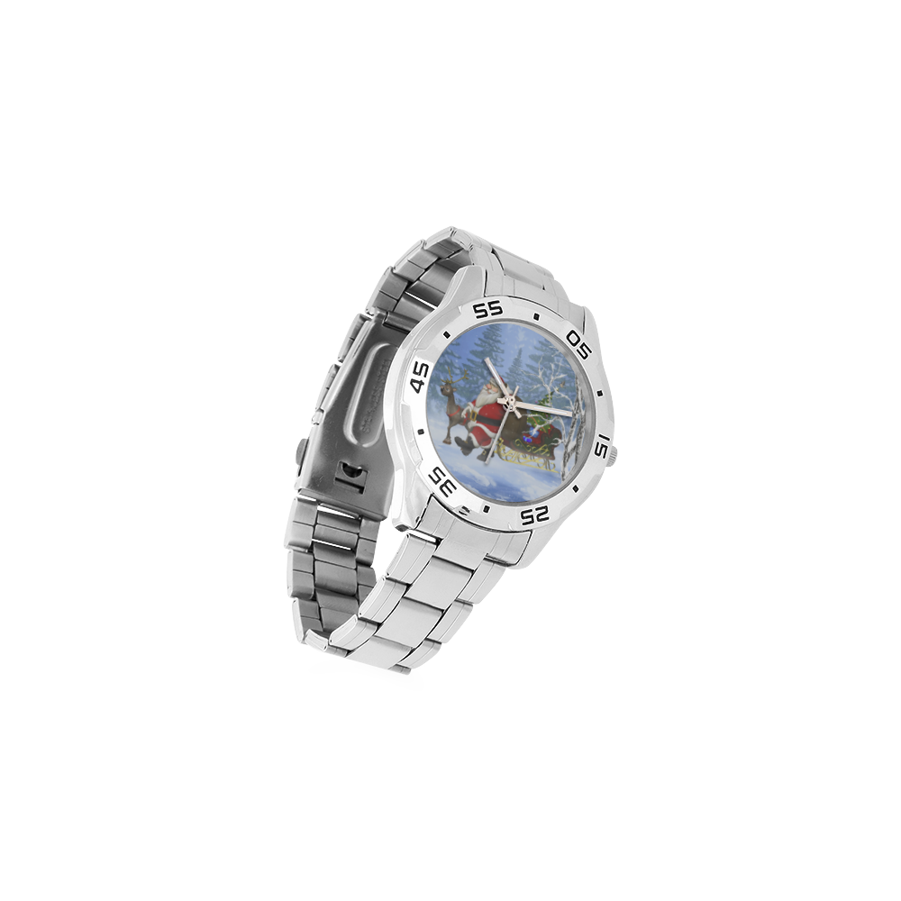 Santa and his Reindeer in the forest Christmas Men's Stainless Steel Analog Watch(Model 108)