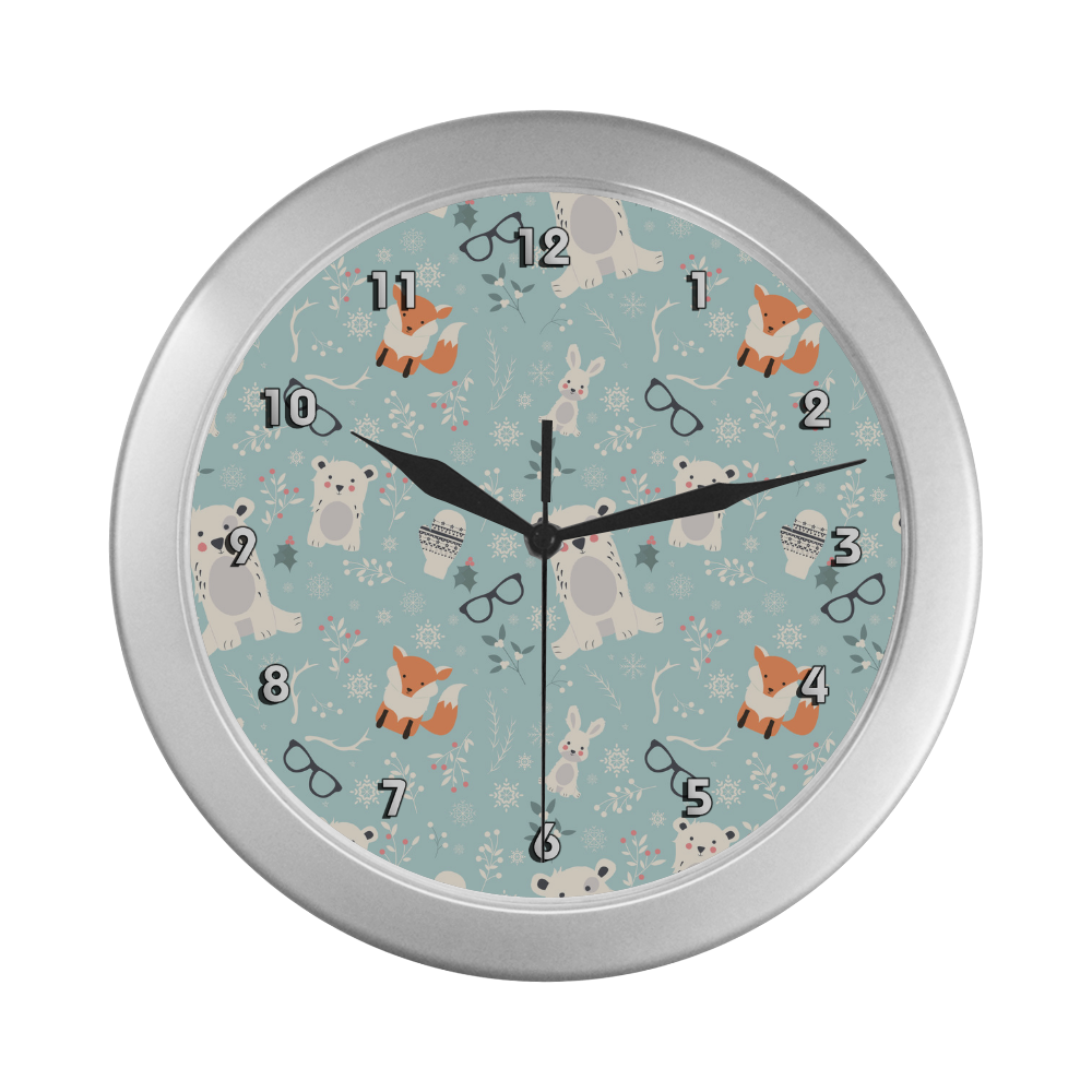 Cute Hipster Winter Animal Pattern Silver Color Wall Clock