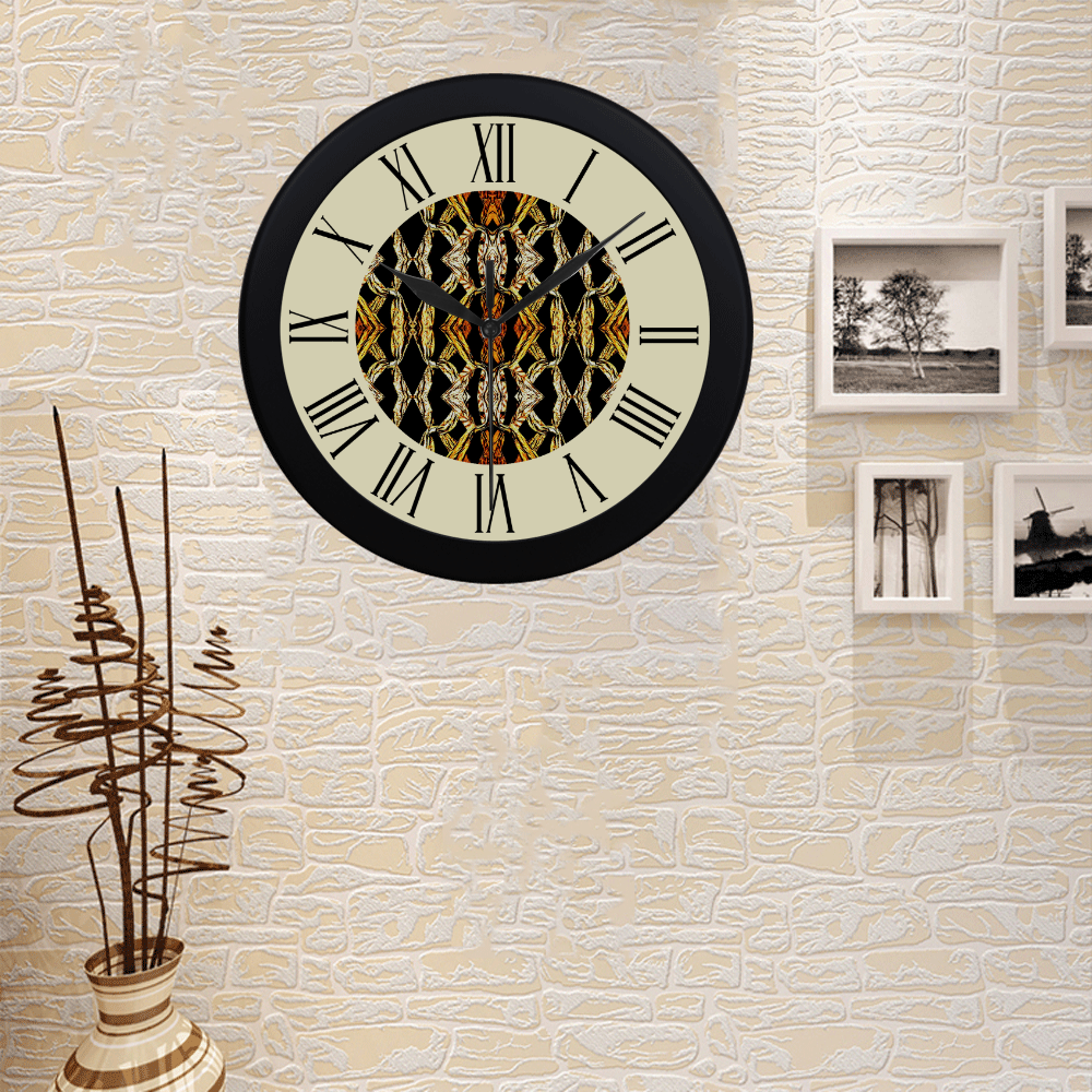 Elegant Oriental Pattern Black Gold watch circular roman numerals hand 3 Circular Plastic Wall clock