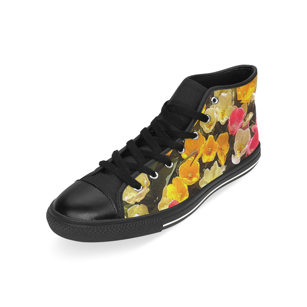 Yellow Pink Flowers High Top Canvas Women's Shoes/Large Size (Model 017)