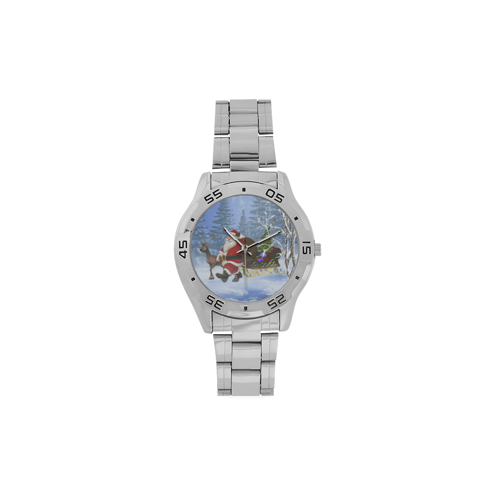Santa and his Reindeer in the forest Christmas Men's Stainless Steel Analog Watch(Model 108)