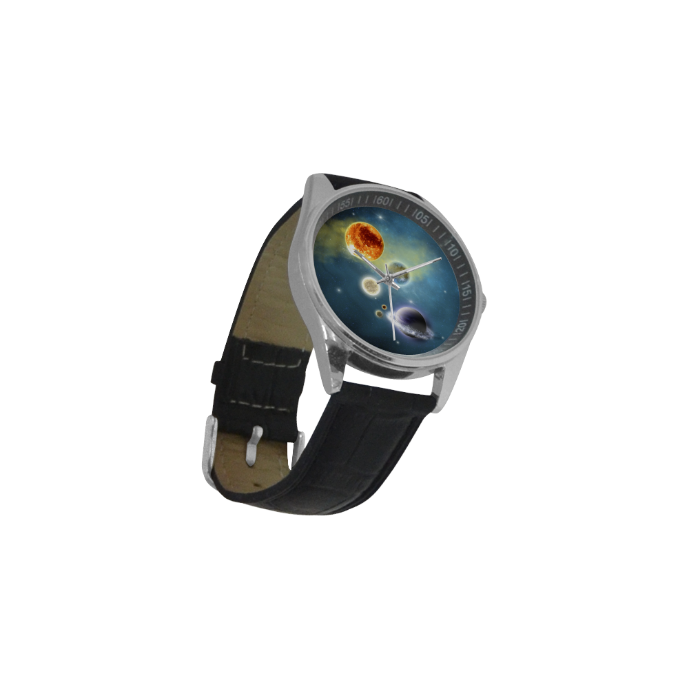 Space scenario with  meteorite sun and planets Men's Casual Leather Strap Watch(Model 211)