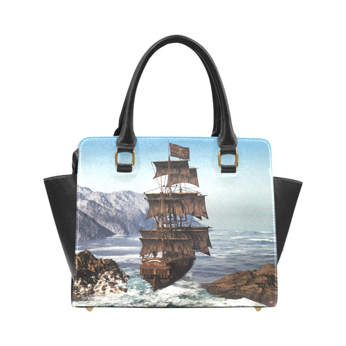 A pirate ship sails through the coastal Rivet Shoulder Handbag (Model 1645)