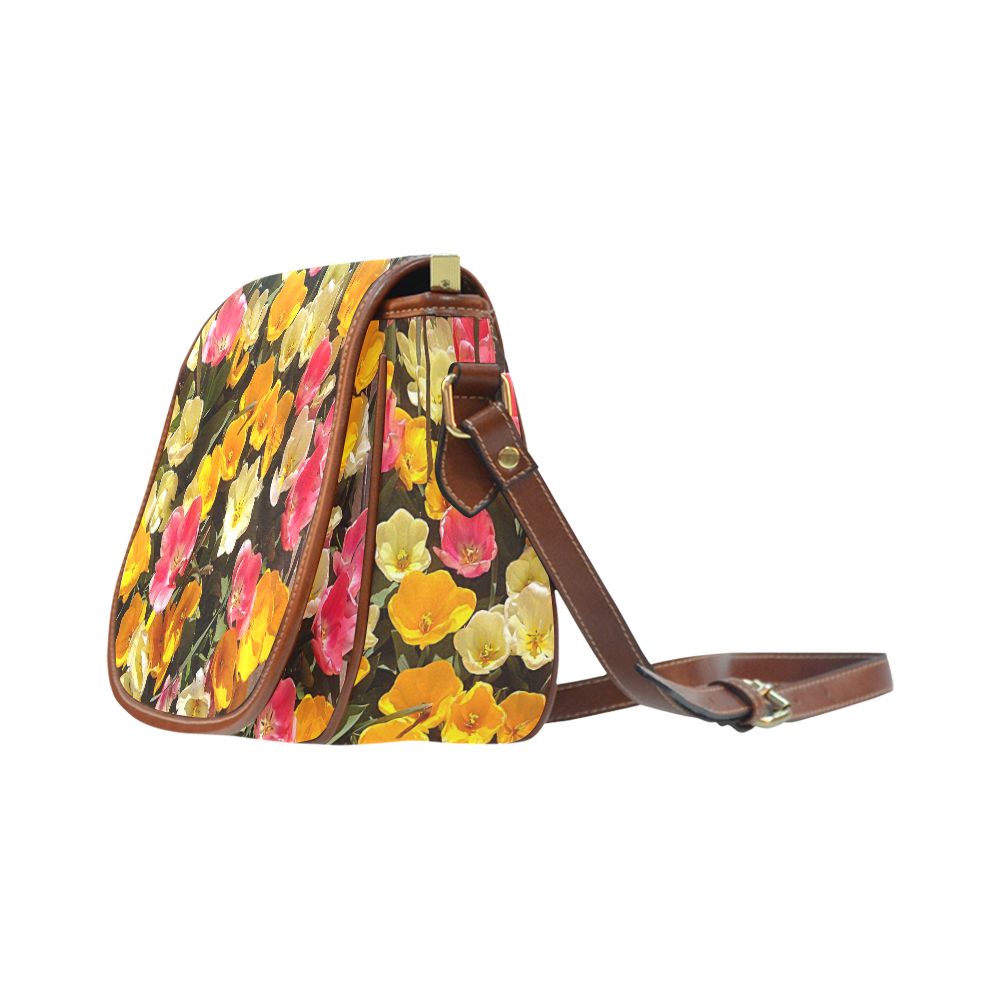 Yellow Pink Flowers Saddle Bag/Large (Model 1649)