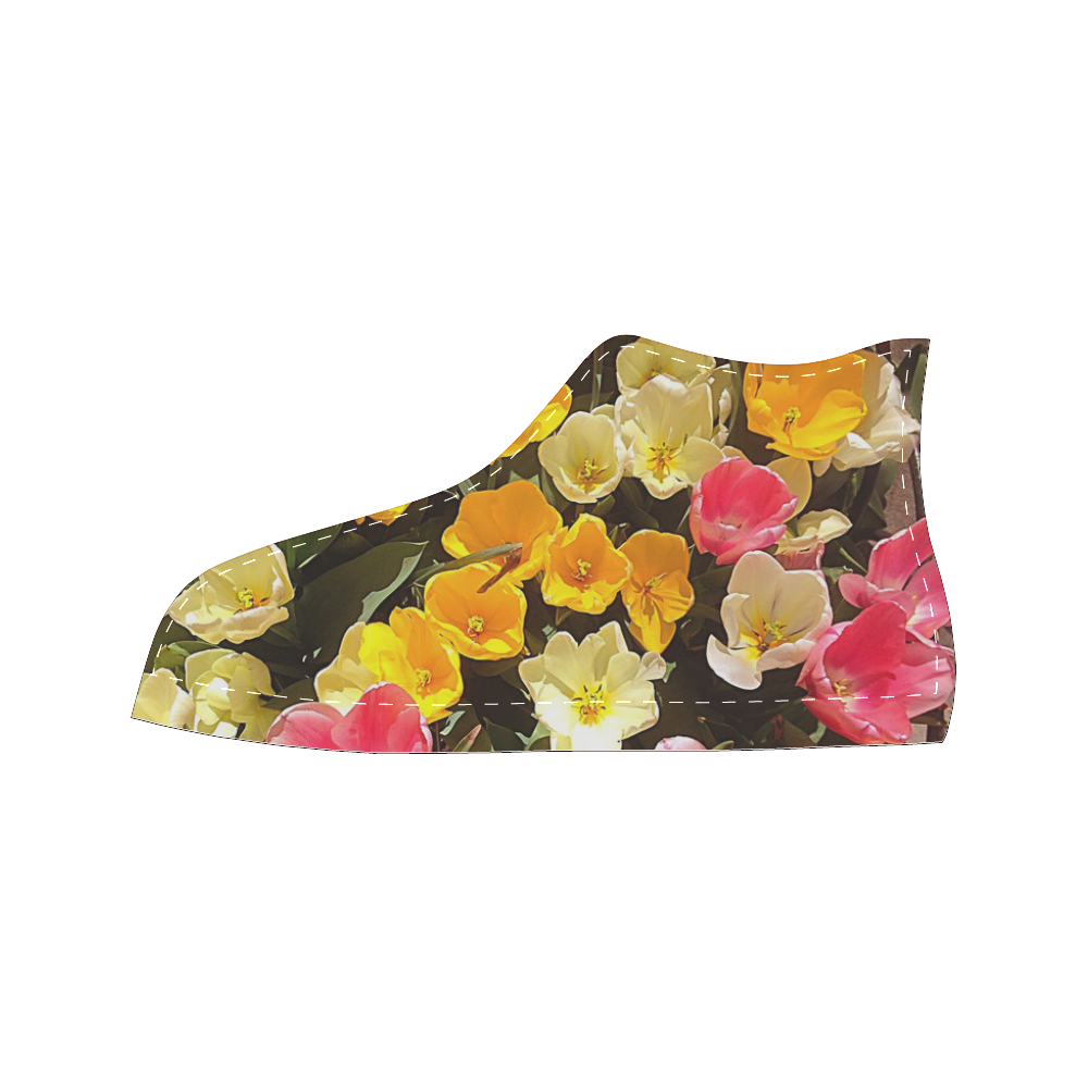 Yellow Pink Flowers High Top Canvas Women's Shoes/Large Size (Model 017)