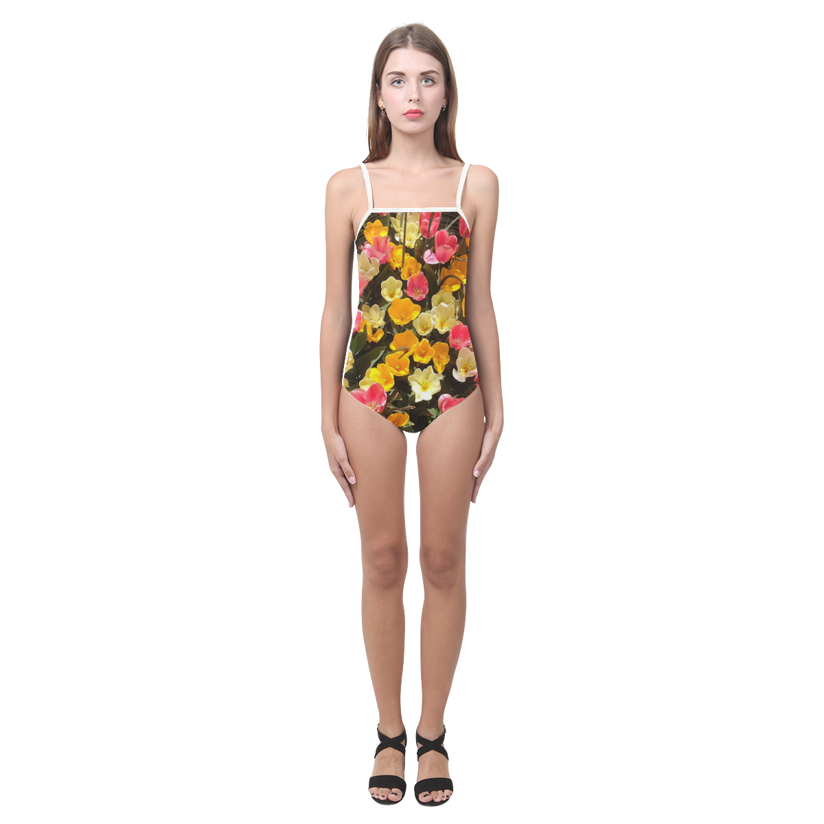 Yellow Pink Flowers Strap Swimsuit ( Model S05)