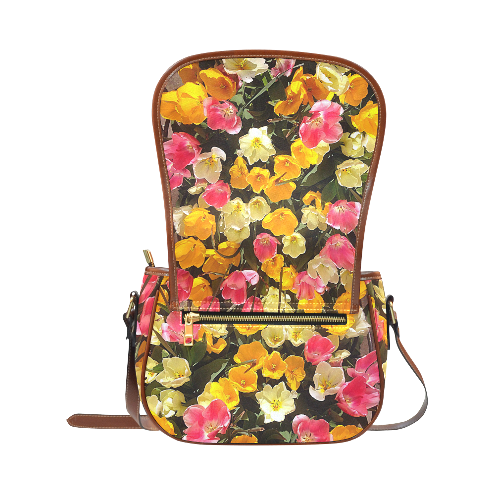 Yellow Pink Flowers Saddle Bag/Large (Model 1649)