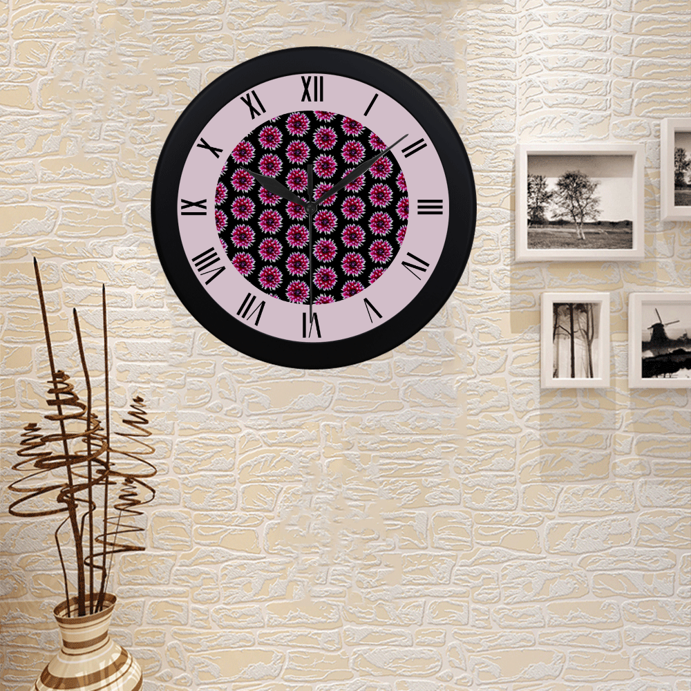 Dahlias Pattern in Pink, Red watch circular roman numerals hand 6 Circular Plastic Wall clock