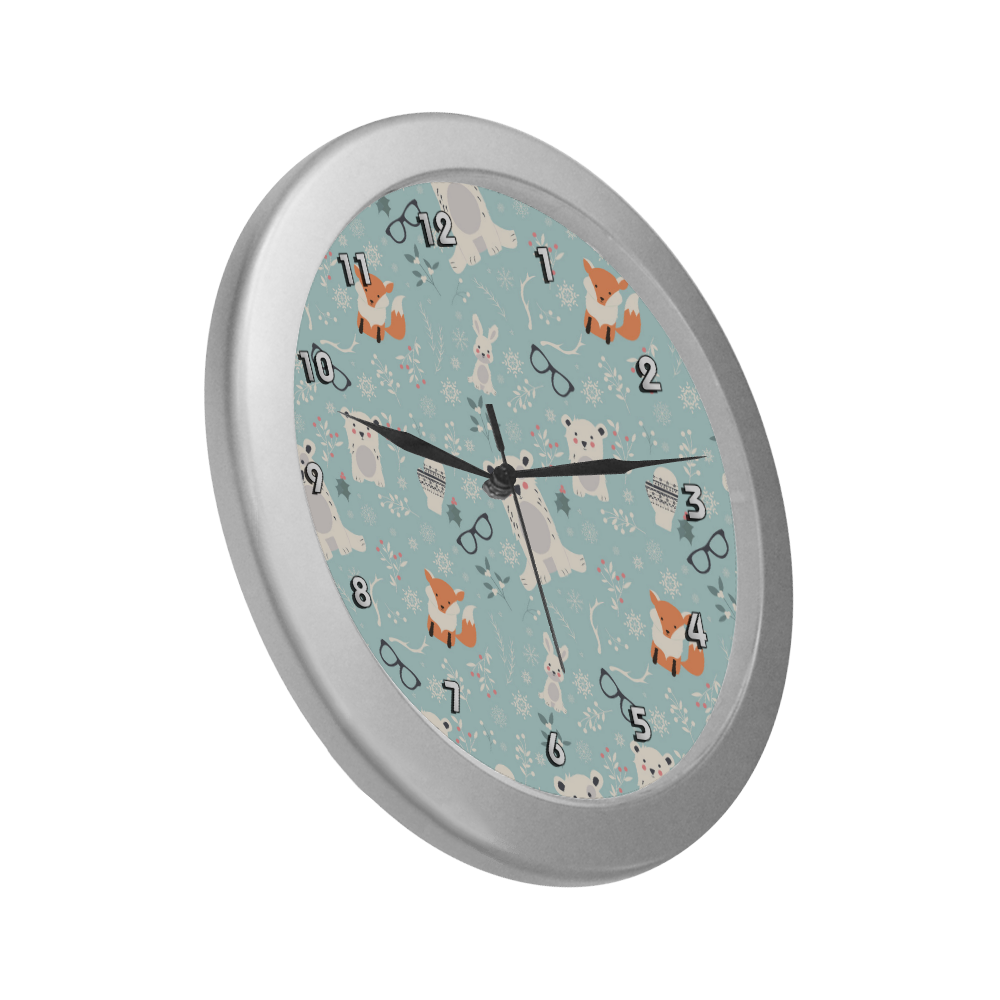 Cute Hipster Winter Animal Pattern Silver Color Wall Clock