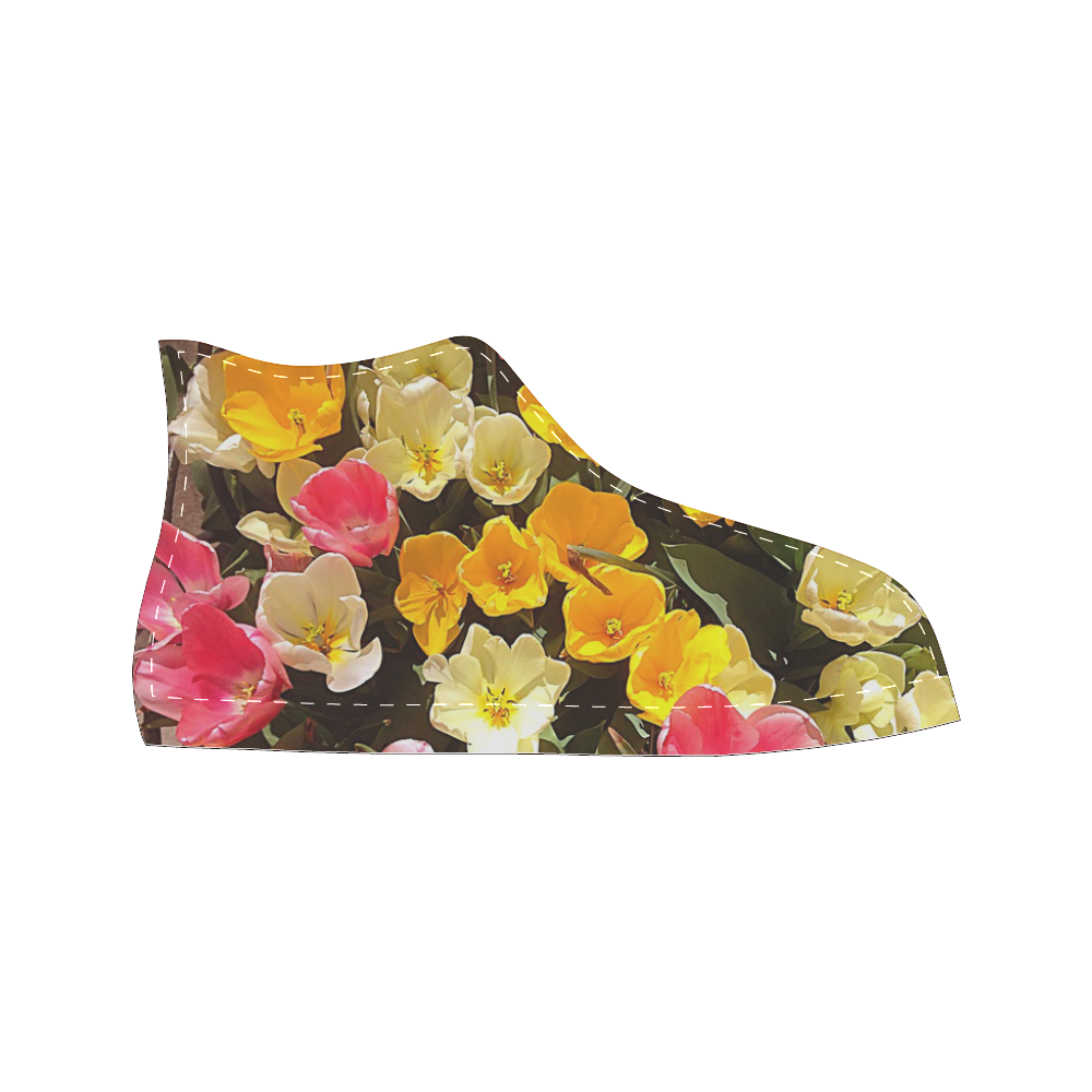 Yellow Pink Flowers High Top Canvas Women's Shoes/Large Size (Model 017)