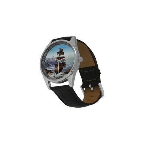 A pirate ship sails through the coastal Men's Casual Leather Strap Watch(Model 211)