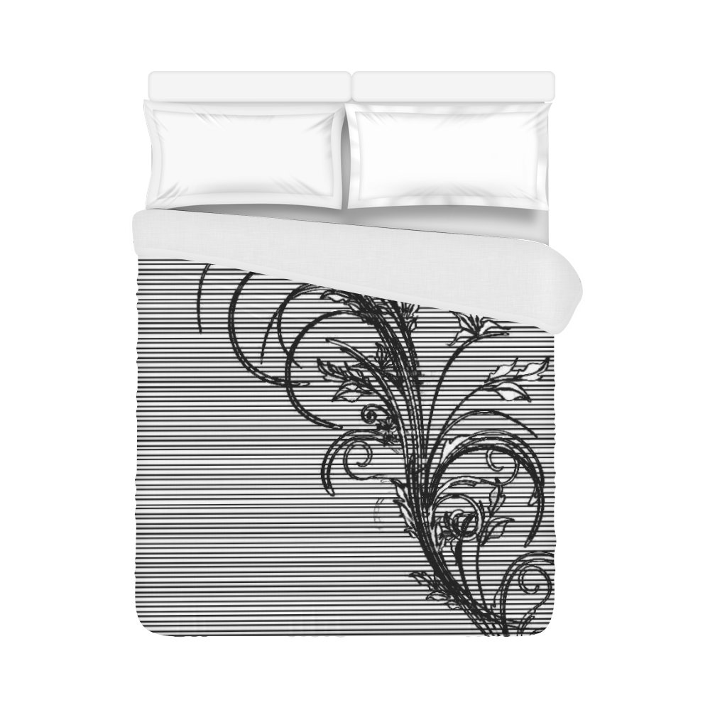 Black and White Stripes with Swirl Duvet Cover 86"x70" ( All-over-print)
