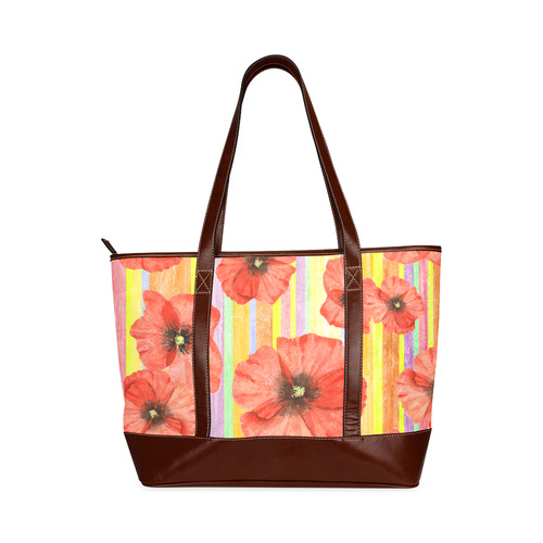 Watercolor STRIPES red POPPIES Blossoms Tote Handbag (Model 1642)